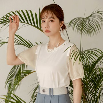 OB嚴選中大尺碼-彈性柔膚配色泡泡袖上衣《AB20232》