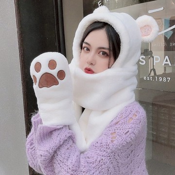 小熊耳朵毛絨帽子女冬圍巾手套一體三件套可愛卡通保暖防風包頭帽