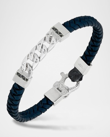 Flaming Tongue Braided Leather and Silver Bracelet with Black Diamonds