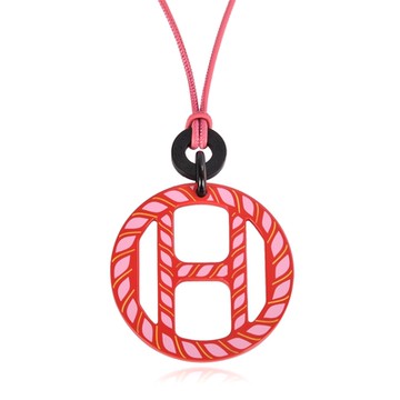 HERMES 愛馬仕 H Equipe大H直條漆面拼色皮繩墜飾項鍊-桃紅色