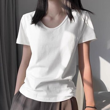 正肩白色短袖t恤女夏季新款低領寬松U領基礎款純棉舒適上衣打底衫
