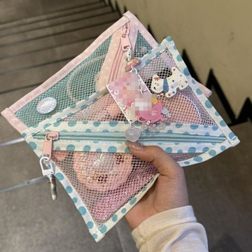 🍃高雄出貨🌸波點網紗化妝包 ins風收納包 大容量洗漱包 化妝品保養品分格收納 旅行便攜 防潑水好清洗 粉綠波點任選
