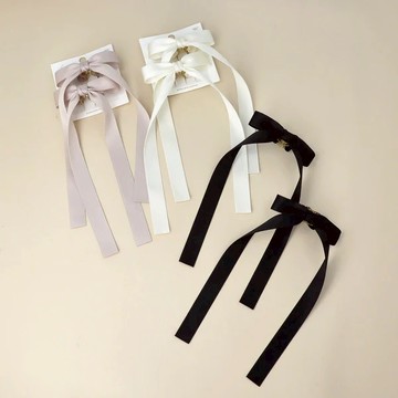 ｜OSEWAYA｜ 長帶蝴蝶結小抓夾 - 2入 米色 黑色 髮飾 髮夾 日本飾品 日本製造
