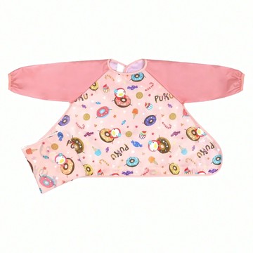 PUKU 藍色企鵝 長袖防漏魔吸圍兜 附收納袋 防水透氣 吸盤設計  甜點粉  1組