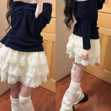 夏韓系小裙子女重工蕾絲花邊拼接蓬蓬蛋糕裙甜美少女風穿搭半身裙 韓版高腰蛋糕裙 蓬蓬裙 半身裙 A字裙 紗裙 層次蛋糕裙