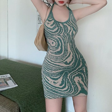 夏季新款性感掛脖綁帶露背針織連衣裙女修身緊身包臀吊帶裙