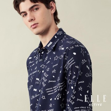 ELLE ACTIVE-經典塗鴉滿版印花機能長袖POLO衫男款-深藍