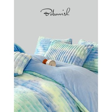 英國BOBOWISH 秋冬加厚兔兔絨牛奶絨四件套剪花藍色加絨床單被套