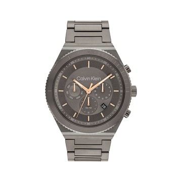 Calvin Klein原廠公司貨 |  槍灰色x玫瑰金刻度 不鏽鋼三眼時尚腕錶 贈送編織側背包-CK25200304