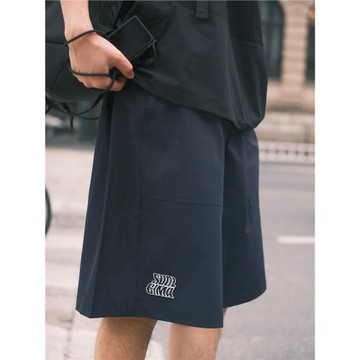 SVOLCIMA 日系刺繡沙灘褲寬松CityBoy藏青色褲工裝休閑短褲男百搭