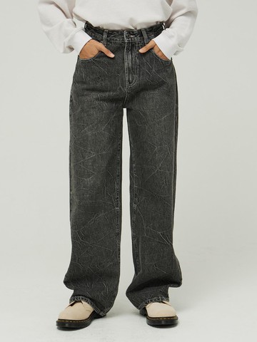 FATROW 7612 Crease Wash Wide-Fit Denim Pants [Grey]