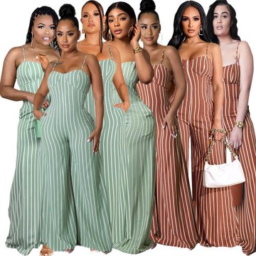 Lady sexy stripe halter belt wide leg jumpsuit吊帶闊腿連體褲