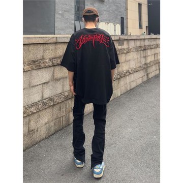 scs想文 美式街頭字母刺繡T恤男女oversize寬松重磅純棉情侶短袖