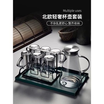輕奢風玻璃水具套裝待客家用客廳帶把喝水杯子耐高溫高顏值泡茶杯