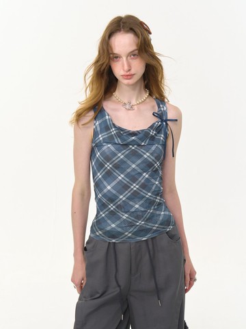 ziziFei夏季新款美式復古設計感格子修身顯瘦格紋蕩領外穿背心女