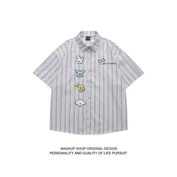 WILDNOVA夏季可愛小狗刺繡條紋短袖襯衫男女潮牌寬松百搭情侶襯衣