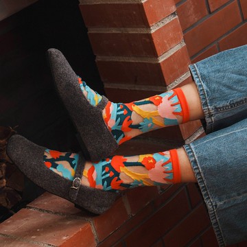 花園系列 | 橘光午茶 -【台灣製】小花透紗中筒襪