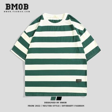 BMOB夏季男女條紋拼接撞色日系潮牌寬松復古體恤港風潮流純棉短袖