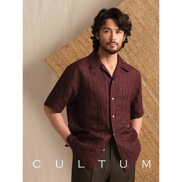 (免運)【透氣亞麻】CULTUM意式古巴領肌理豎條紋短袖襯衫男休閑復古襯衣