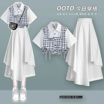 【學院風減齡甜美】設計感襯衫套裝 2026新款 夏季女 不規則半身裙 兩件套 shirt 襯衫女 不規則半身裙 半身裙