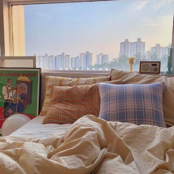 ins風同款枕套 復古南瓜色格子純棉春季枕芯套全棉卡其被套四件套