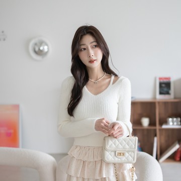 微SEXY~V領挖肩短版水貂毛針織上衣 SA544991【現貨】