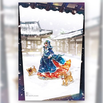 下雪天和你一起－女孩韓國韓服插畫明信片（uha）