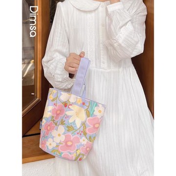 典舍x游三月 文藝小清新小花手繪手拎水桶包帆布袋ins 學生T721