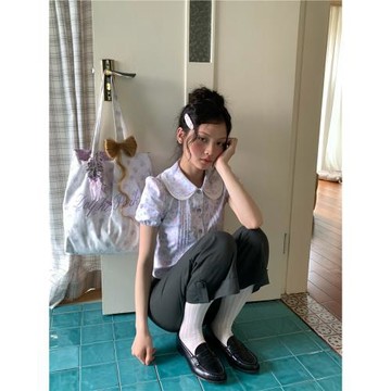 Dolphin Park26ss原創暈染花卉雙層娃娃領壓褶短款少女泡泡袖襯衫