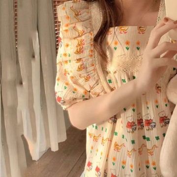 睡衣短袖女長裙日系甜美可愛可愛小熊長款睡裙家居服夏季新款【倪醬】