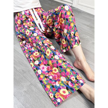 棉綢睡褲女夏人造棉薄款網紅闊腿褲春秋可外穿寬松家居空調長褲子