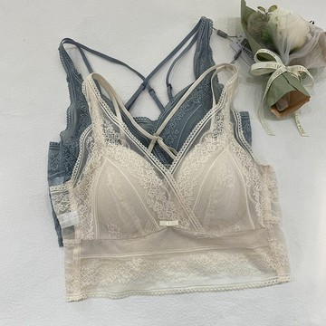 法式薄款蕾絲內衣女美背文胸無鋼圈聚攏固定杯性感網紗背心式抹胸