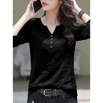 V領長袖t恤女秋裝2025年新款寬松大碼正肩打底衫百搭女士黑色上衣