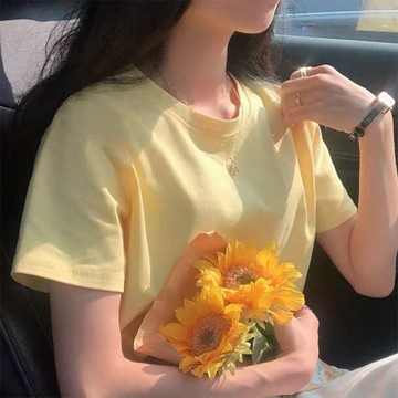 夏季新款 落肩 純棉 短袖t卹女 款寬鬆薄款百搭米黃色上衣打底衫  寬鬆 t恤  6W