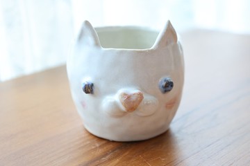【聖誕禮物】手捏圓胖喵星人手握杯陶杯貓愛心鼻子陶碗童趣收納