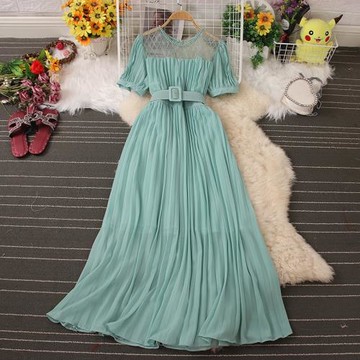 溫柔風法式初戀裙雪紡連衣裙女夏季新款系帶顯瘦超仙氣質百褶長裙