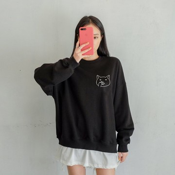 左胸Nose Picking Cat 男女大學T 刷毛 中性版 黑色 貓咪挖鼻秋冬