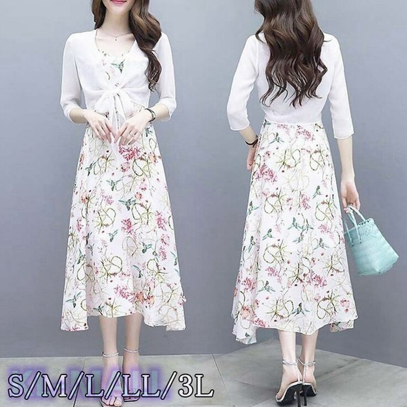 ワンピースオシャレ花柄シフォン夏ノースリーブワンピース白トップス風ワンピ大人お呼ばれ代30代40代 通販 Lineポイント最大get Lineショッピング