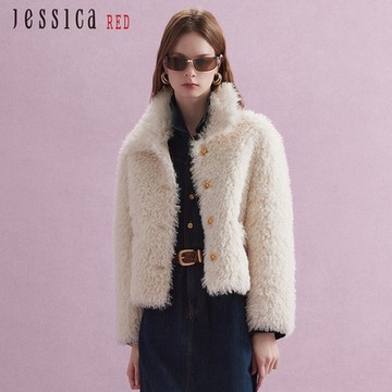 JESSICA RED - 高貴氣質小翻領毛毛仿皮草外套 （米）R44005