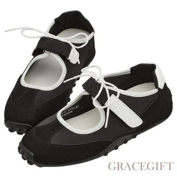 【Grace Gift】復古芭蕾內增高魔鬼氈綁帶薄底運動鞋 黑