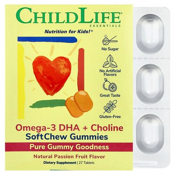 ChildLife Essentials, 必需，Omega-3 DHA+ 膽鹼咀嚼軟糖，西番蓮味，27 片