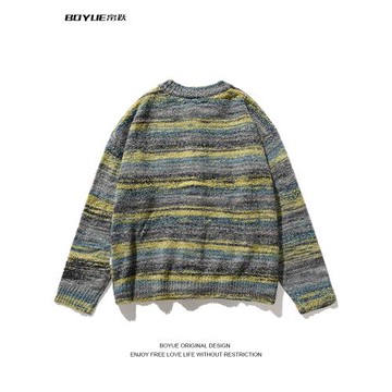 BOYUE帛躍撞色條紋開衫毛衣國潮秋冬復古油畫漸變慵懶男女外套潮