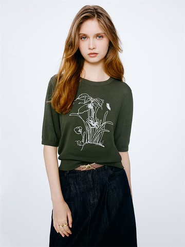 沙漠綠洲冰爽絲微短版泡泡袖上衣-深綠