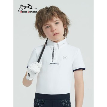 (免運)HORSELEADER夏季兒童馬術裝備短袖T恤速干翻領馬術比賽立領襯衫
