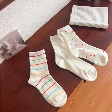 ins風韓國秋季彩色波點少女潮襪條紋點點日系白色襪子可愛中筒襪