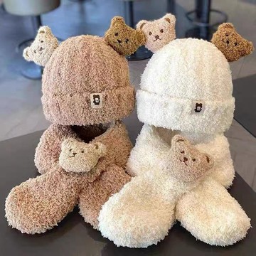mori🎀mori嬰兒帽子秋冬季毛絨圍巾兩件套寶寶男女童小熊可愛保暖加厚幼兒帽