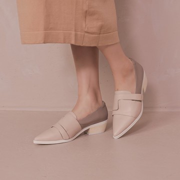 蒙德里安幾何-魔鬼粘穿脫尖頭粗跟鞋-杏色