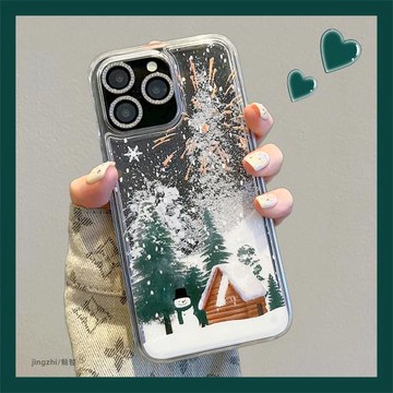 冬日氛圍雪花流沙松林小屋適用蘋果17promax手機殼iPhone13新款16promax高級感小眾14透明防摔保護套15不撞殼