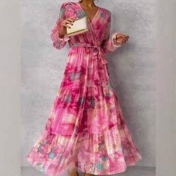 2025歐美跨境亞馬遜氣質優雅知性風爆款系帶印花拼接大擺女連衣裙