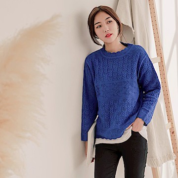 OB嚴選-微鏤空織紋荷葉花邊粗針織毛衣
